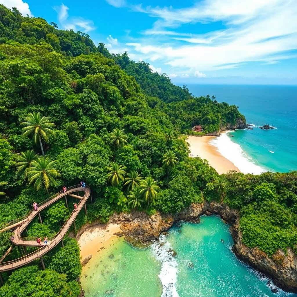 Stunning aerial view of Manuel Antonio National Park showing lush green rainforest canopy meeting pristine beaches with families exploring wooden boardwalks through the tropical landscape