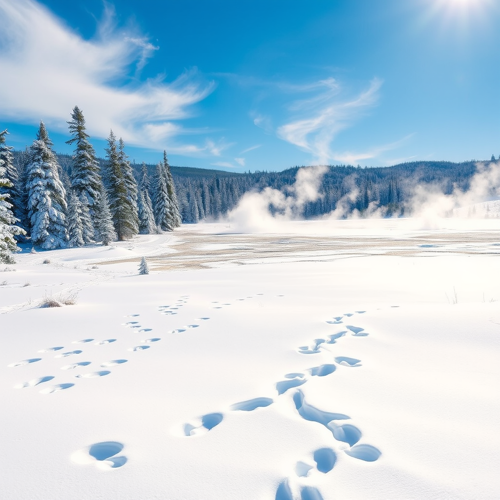Snow-covered Yellowstone landscape with steaming geysers and wildlife tracks in pristine white snow, surrounded by frost-covered pine trees under a brilliant blue winter sky