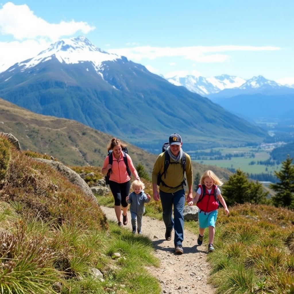 Families hiking together on a scenic trail in New Zealand's South Island with snow-capped mountains in the background and children safely exploring nature