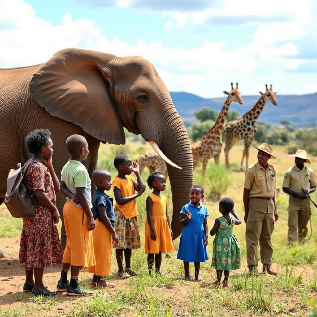 African children participating in wildlife conservation program at safari lodge, learning about elephants and giraffes with park rangers in Kenya savanna landscape
