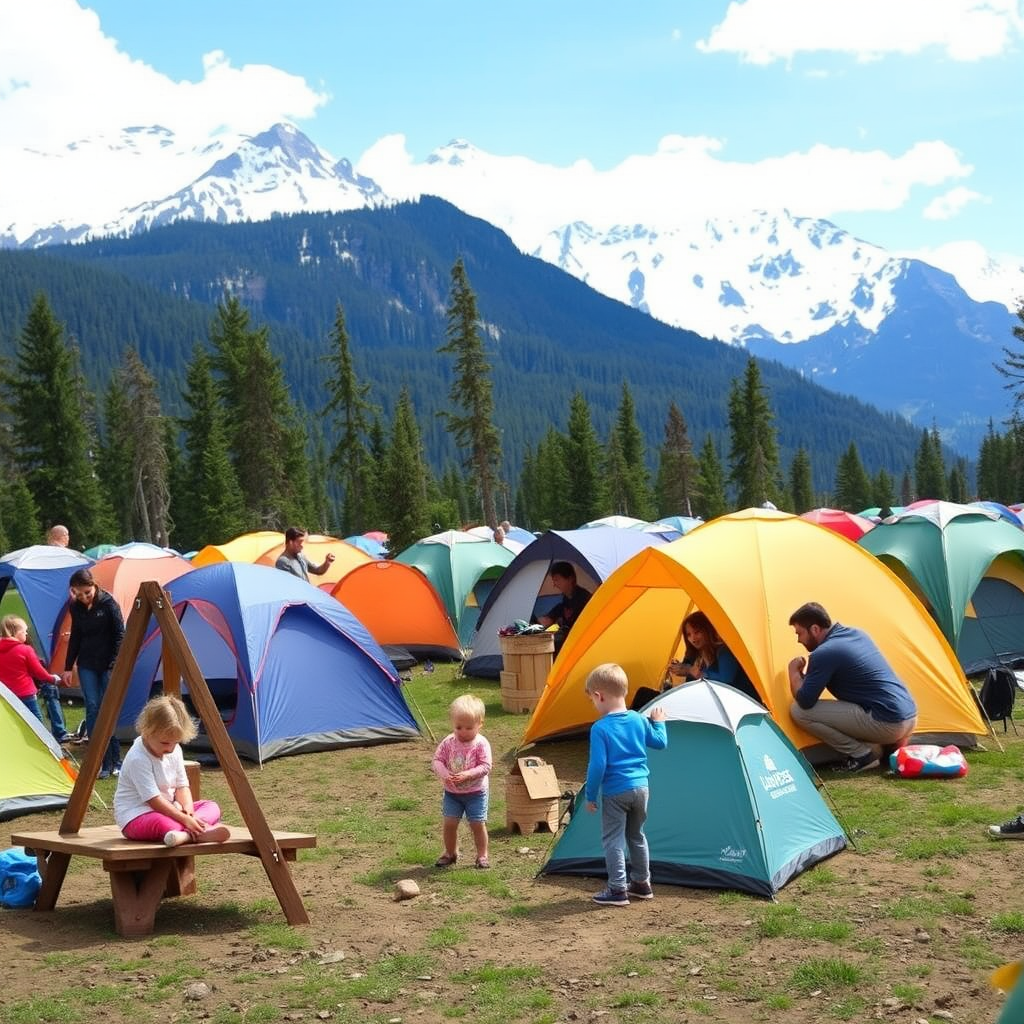 Families setting up colorful tents at a scenic campground in Banff National Park with snow-capped Rocky Mountains in the background, children playing on wooden playground equipment while parents organize camping gear
