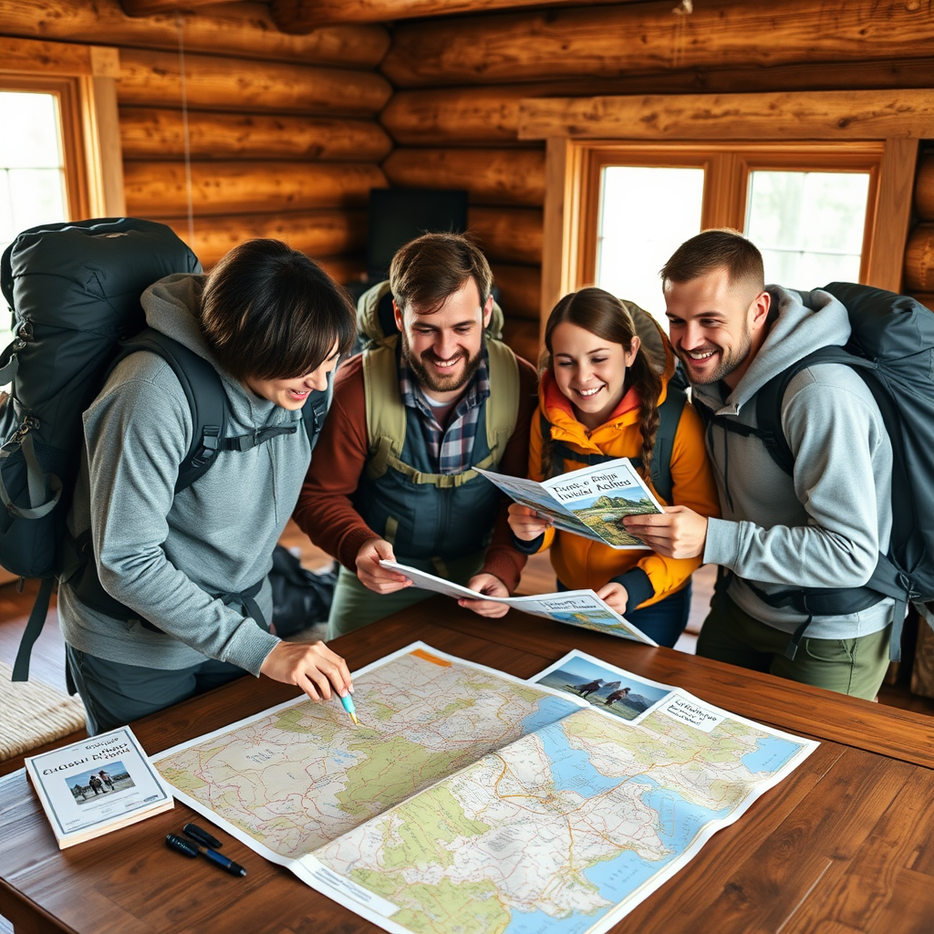 Happy family with backpacks and hiking gear planning their outdoor adventure with maps and guidebooks spread on a wooden table in a cozy cabin setting