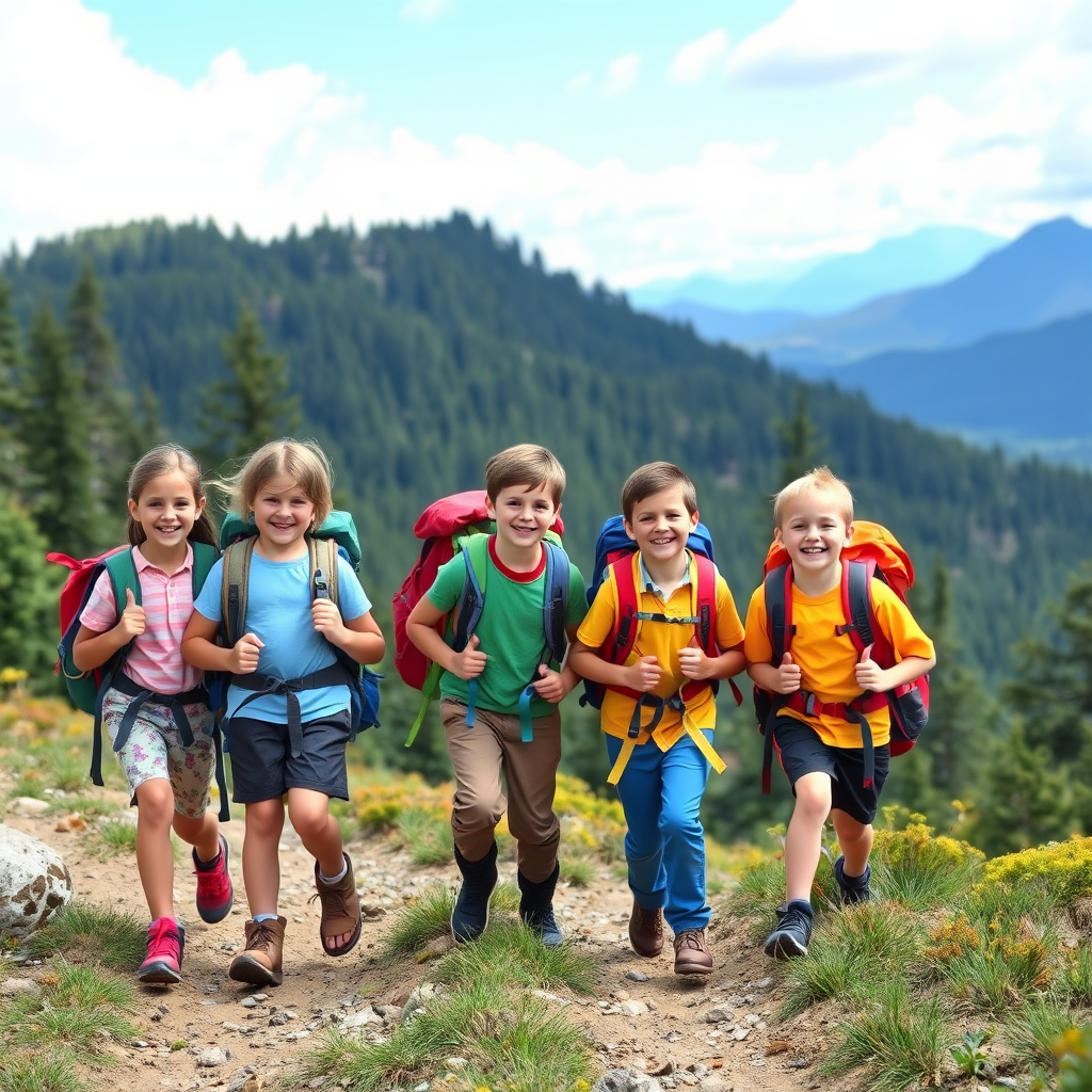 Happy family with children of different ages hiking together on a scenic mountain trail, wearing colorful outdoor gear and backpacks, with beautiful forest landscape in the background