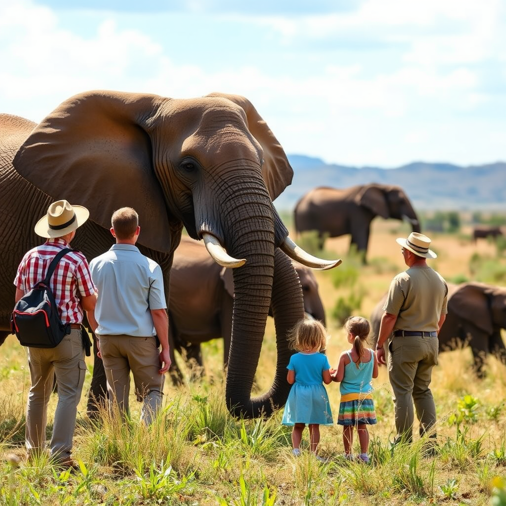 Family observing elephants in African savanna during guided safari tour with professional naturalist guide