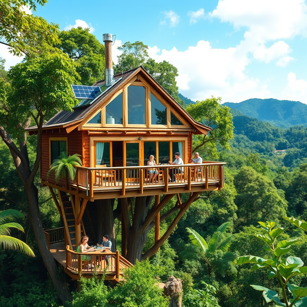 Elevated treehouse eco-lodge surrounded by lush rainforest canopy with solar panels and natural wood construction, families enjoying breakfast on the deck overlooking pristine wilderness