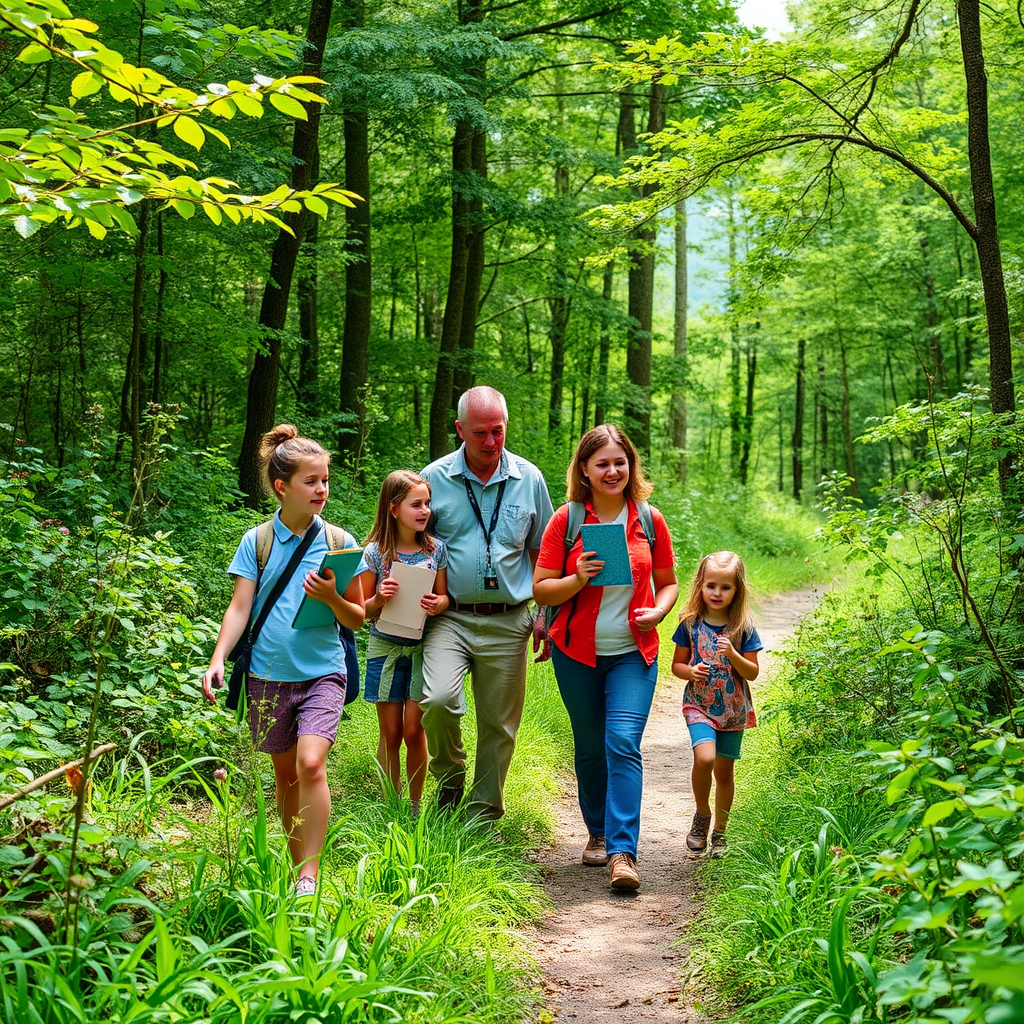 Family group walking through a lush forest trail with an experienced guide pointing out native plants and wildlife, children carrying magnifying glasses and nature journals