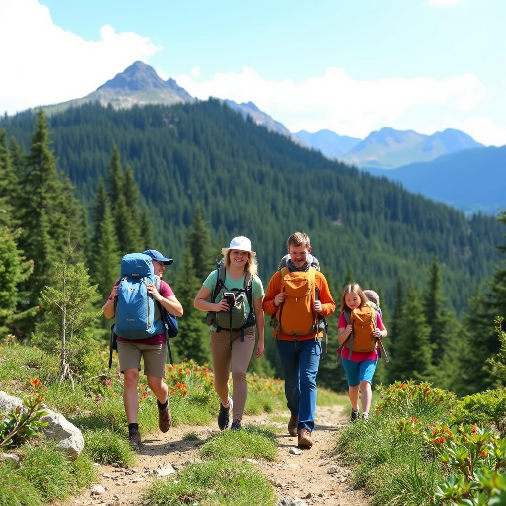 Family of four hiking on a scenic mountain trail with backpacks, surrounded by lush green forest and mountain peaks in the background