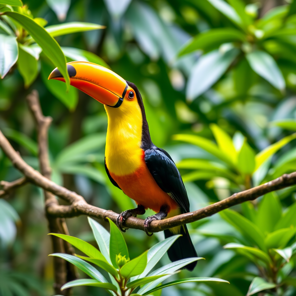 Colorful toucan perched on a branch with vibrant orange beak and bright yellow chest, surrounded by lush green rainforest foliage in Manuel Antonio
