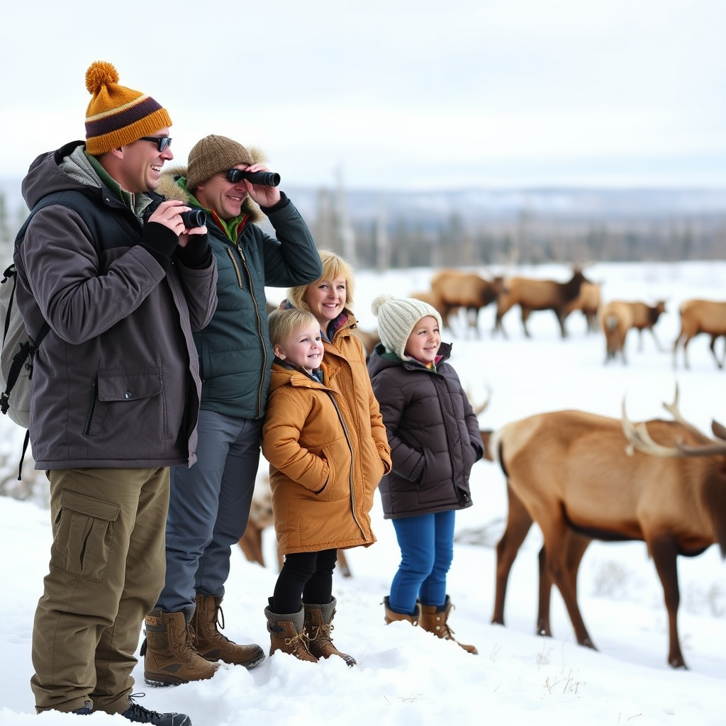 Happy family of four bundled in winter coats observing a herd of elk through binoculars in snowy Yellowstone, with a professional guide pointing out wildlife behavior