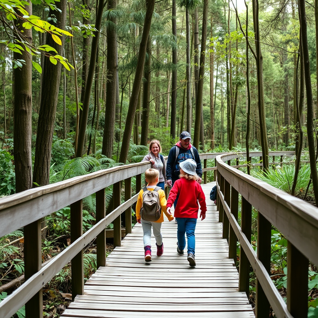 Children safely exploring a wooden boardwalk trail through native New Zealand forest with parents nearby
