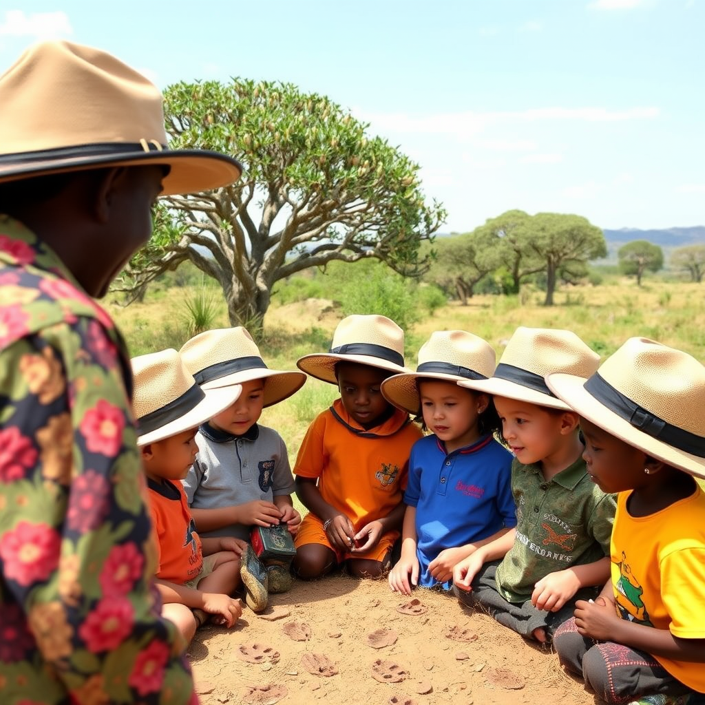 Young children wearing safari hats learning about animal tracks from Maasai guide in Tanzania, with acacia trees in background