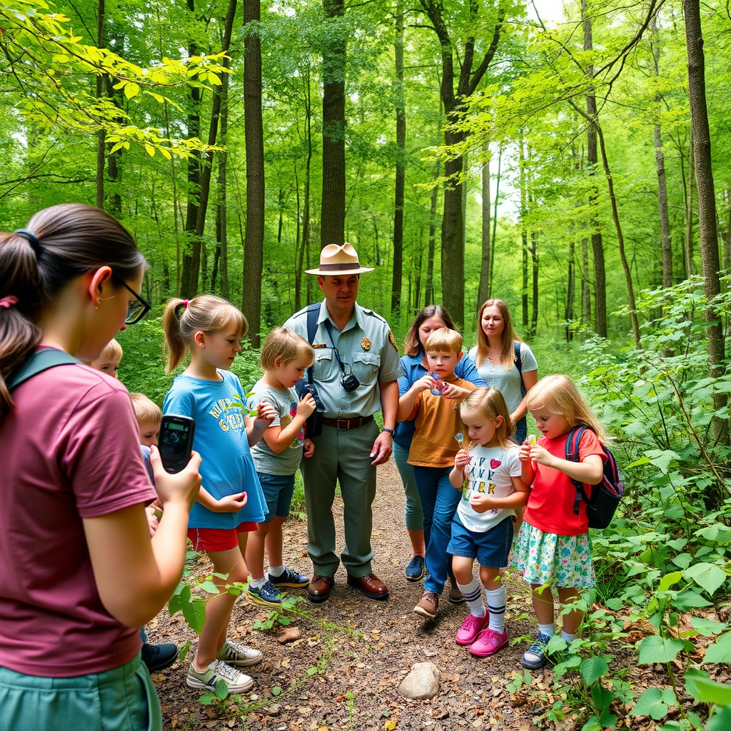 Park ranger leading a group of families with young children on a nature walk through a forest trail, children examining leaves and rocks with magnifying glasses while parents take photos of the educational experience