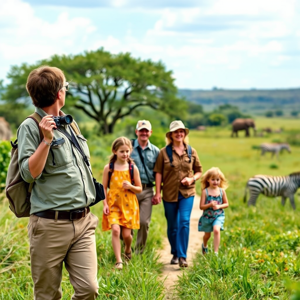 Professional naturalist guide with binoculars leading a diverse family group including children and grandparents through a lush savanna landscape with elephants and zebras visible in the background