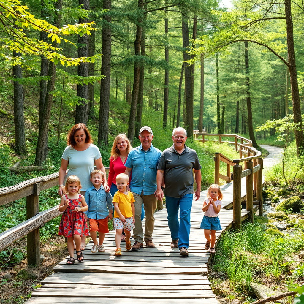 Multi-generational family group including toddlers, parents, and grandparents enjoying a nature walk through a beautiful forest trail with wooden bridges and streams, everyone smiling and engaged