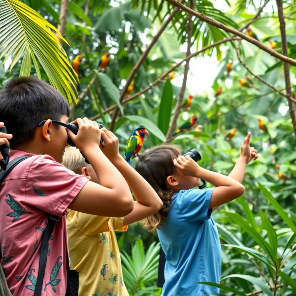 Children using binoculars to observe colorful tropical birds in rainforest canopy with naturalist guide pointing out species