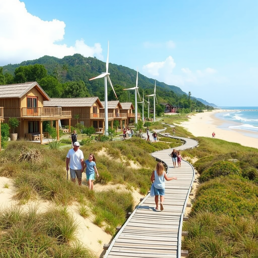 Beachfront eco-village with bamboo bungalows, wind turbines, and organic gardens, families walking on wooden boardwalks through coastal dunes and native vegetation