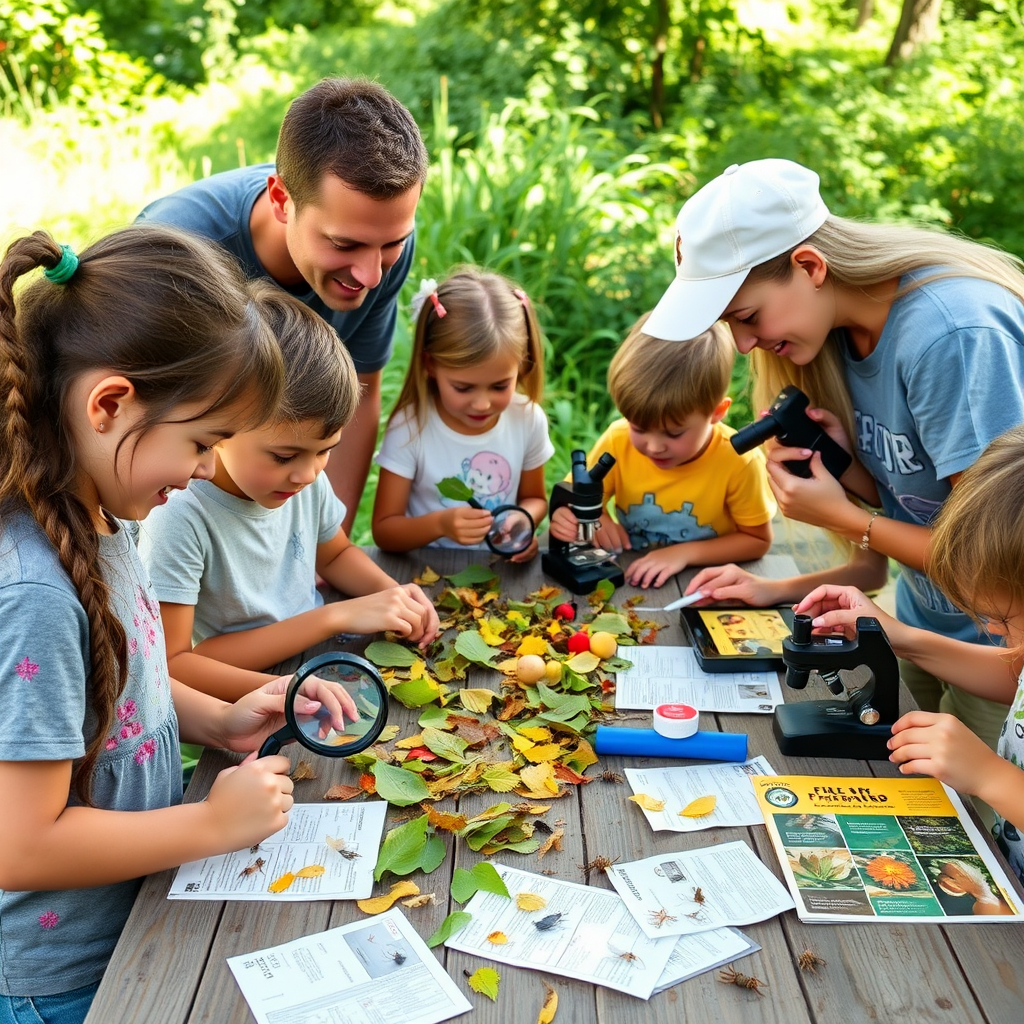 Children and parents gathered around a table outdoors examining leaves, flowers, and insects with magnifying glasses, microscopes, and field guides spread across the surface