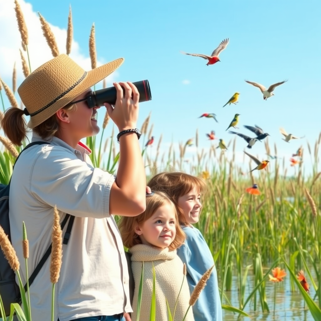 Family with binoculars observing colorful birds in a peaceful wetland setting with tall reeds and clear blue sky