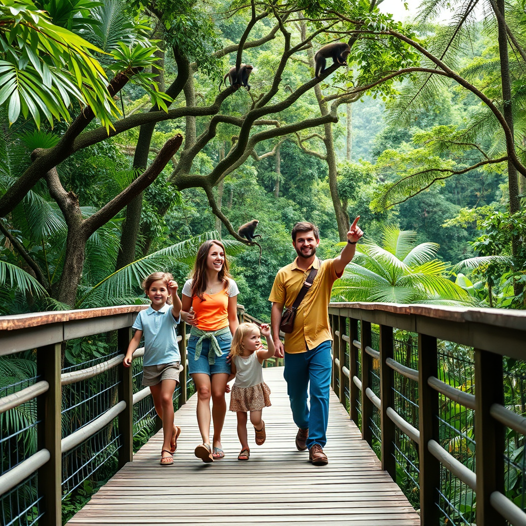 Family of four walking on elevated wooden boardwalk through rainforest canopy with children pointing excitedly at howler monkeys in the trees above