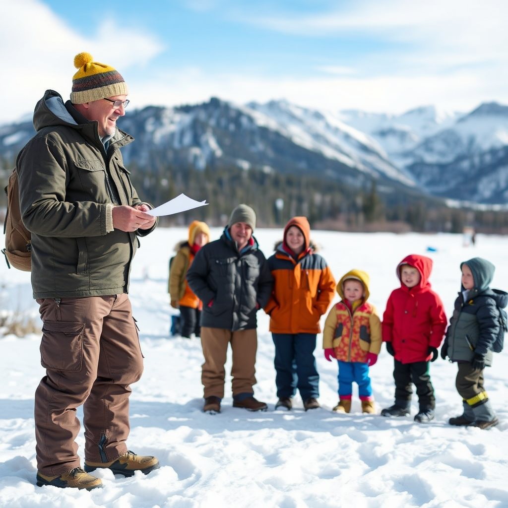 Professional naturalist guide in winter gear explaining animal tracks in snow to an engaged family group, with Yellowstone's snow-covered mountains in the background