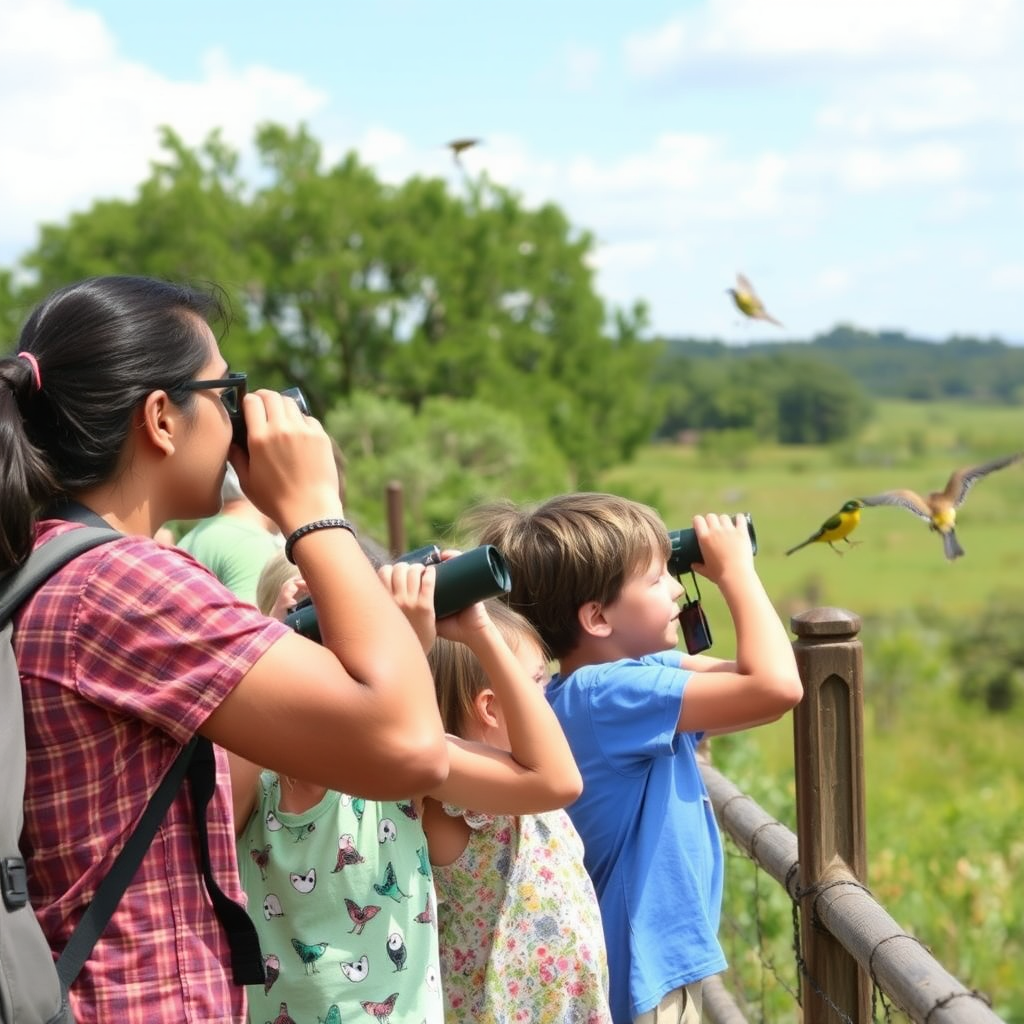 Family group observing native birds at a wildlife sanctuary with children using binoculars