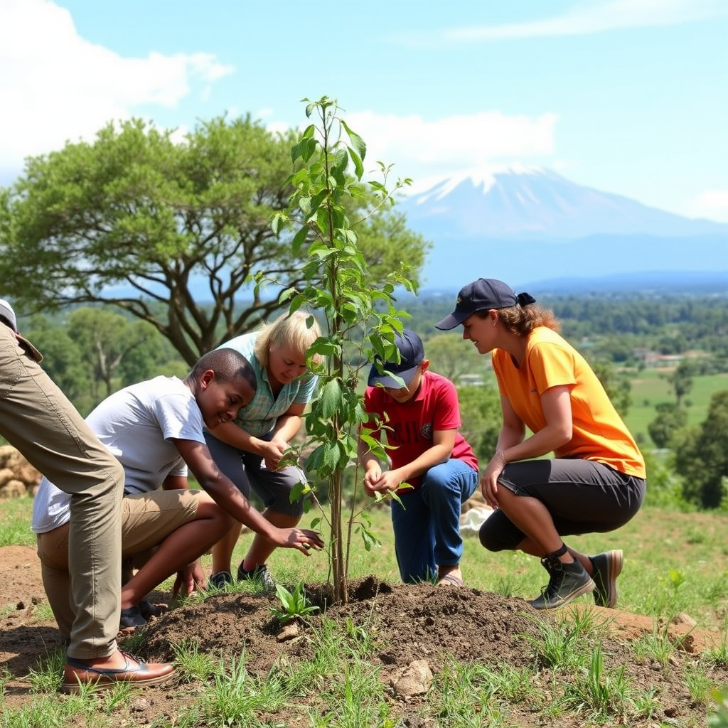 Family group participating in tree planting conservation activity at Kenyan safari lodge with Mount Kilimanjaro visible in distance