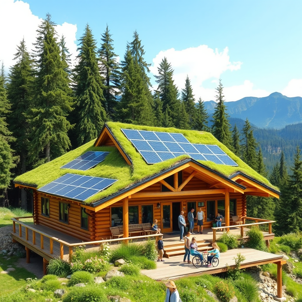 Sustainable eco-lodge with solar panels and green roof nestled among tall trees, featuring wooden architecture and families enjoying outdoor activities on the deck with mountain views