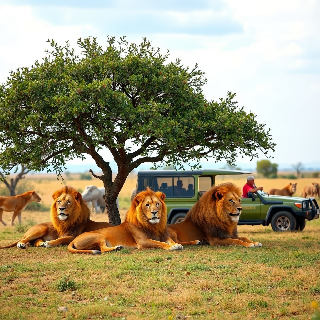 Majestic lions resting under acacia tree in Kenyan Masai Mara with safari vehicle in background