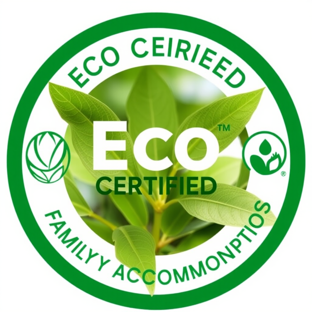 Circular eco-certification badge with green leaves and sustainability symbols, representing verified environmental standards and family-friendly accommodations