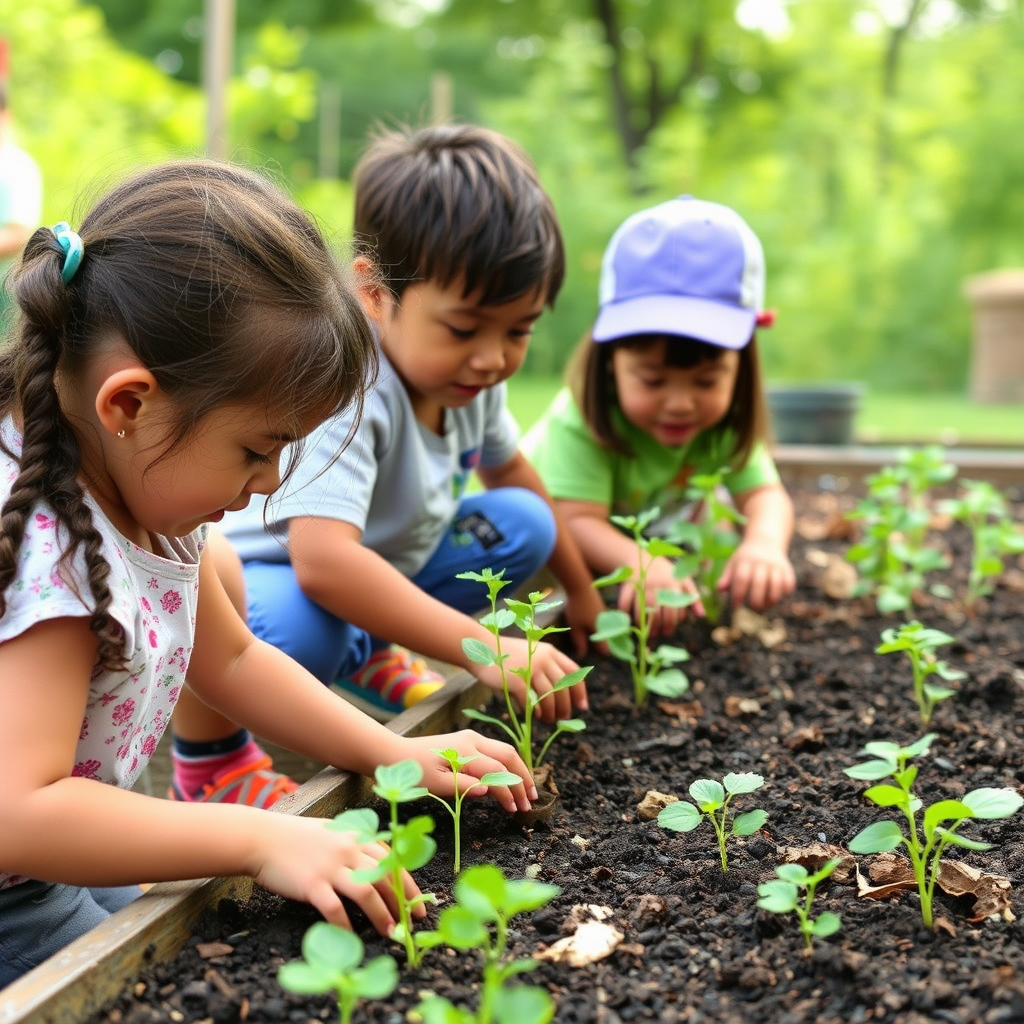 Children participating in an outdoor environmental activity, planting seedlings in a community garden while learning about plant life cycles and ecosystem conservation