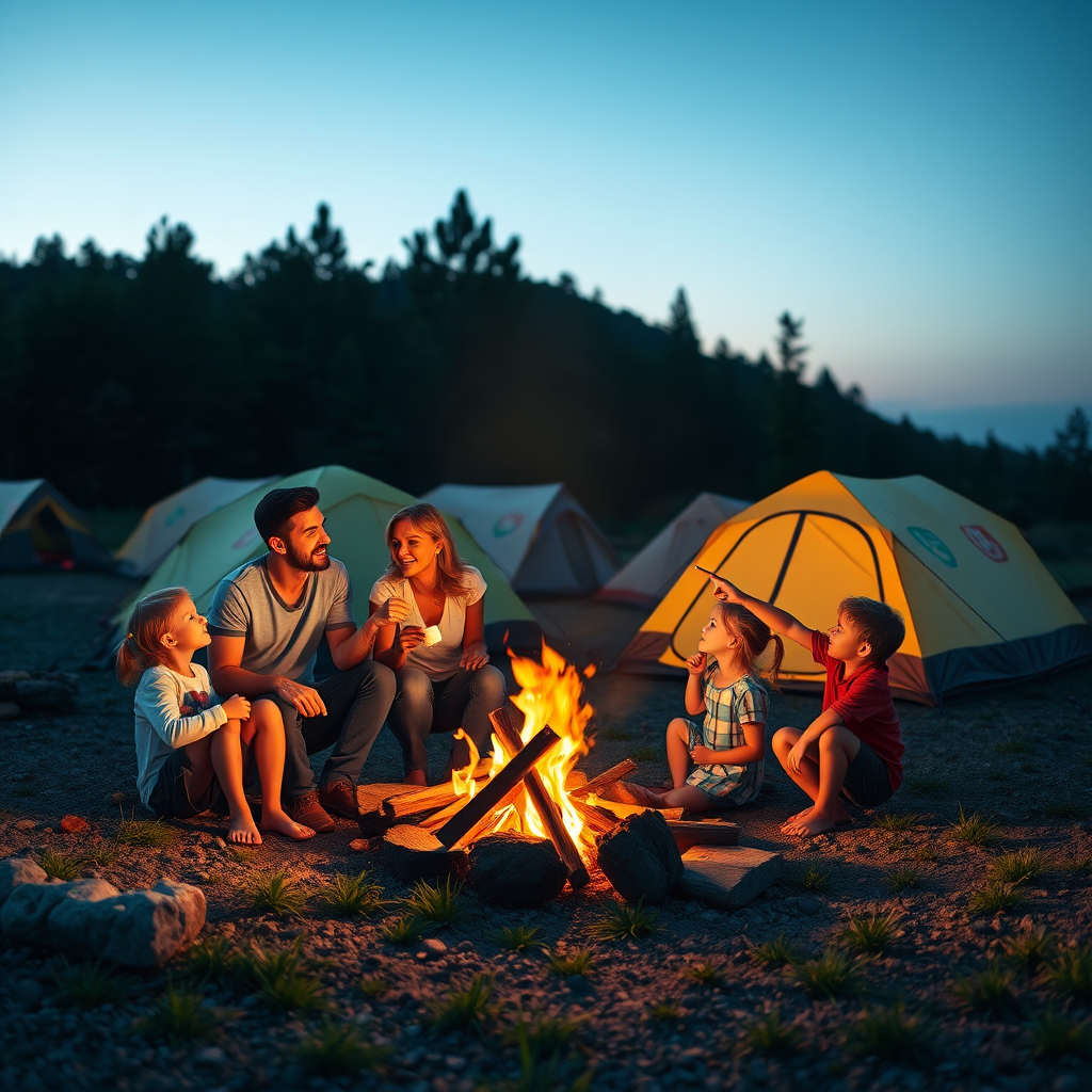 Family sitting around a campfire at dusk with tents in background, children roasting marshmallows while parents point to stars in the clear night sky