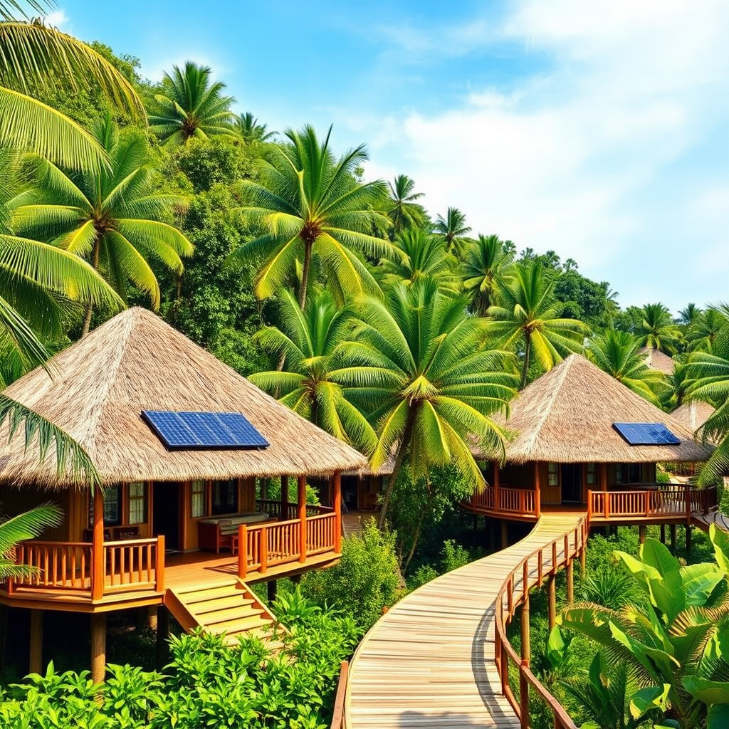 Eco-friendly family resort with thatched-roof bungalows nestled among tropical trees, featuring solar panels and elevated walkways to minimize environmental impact