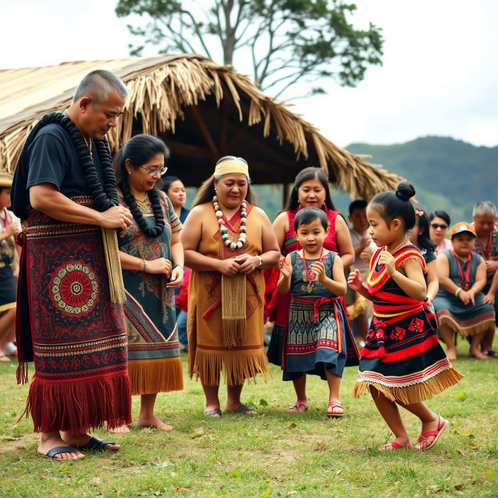 Multi-generational family participating in a traditional Māori cultural ceremony with children actively engaged in learning traditional dances