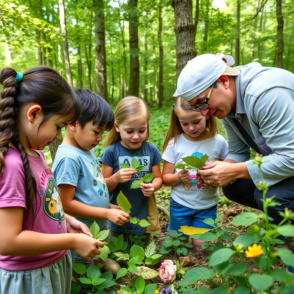 Children and adults participating in hands-on nature workshop, examining leaves and flowers with magnifying glasses while an educator demonstrates bio protocol techniques in a forest clearing