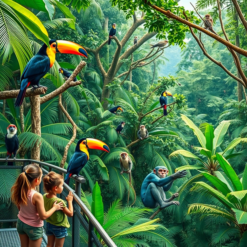 Colorful toucans and monkeys in lush Amazon rainforest canopy with family observing from elevated walkway