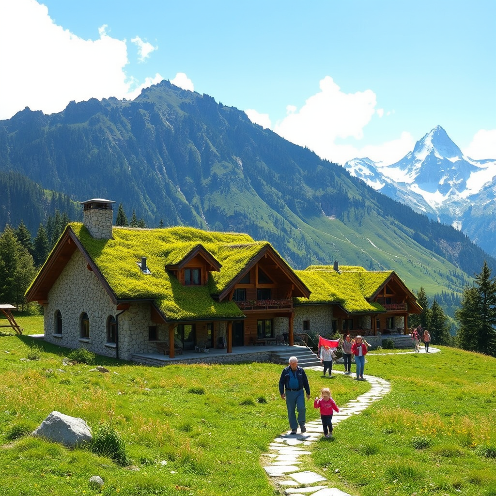 Mountain eco-lodge with green roofs and natural stone construction nestled in alpine meadows, families hiking on nature trails with snow-capped peaks in background