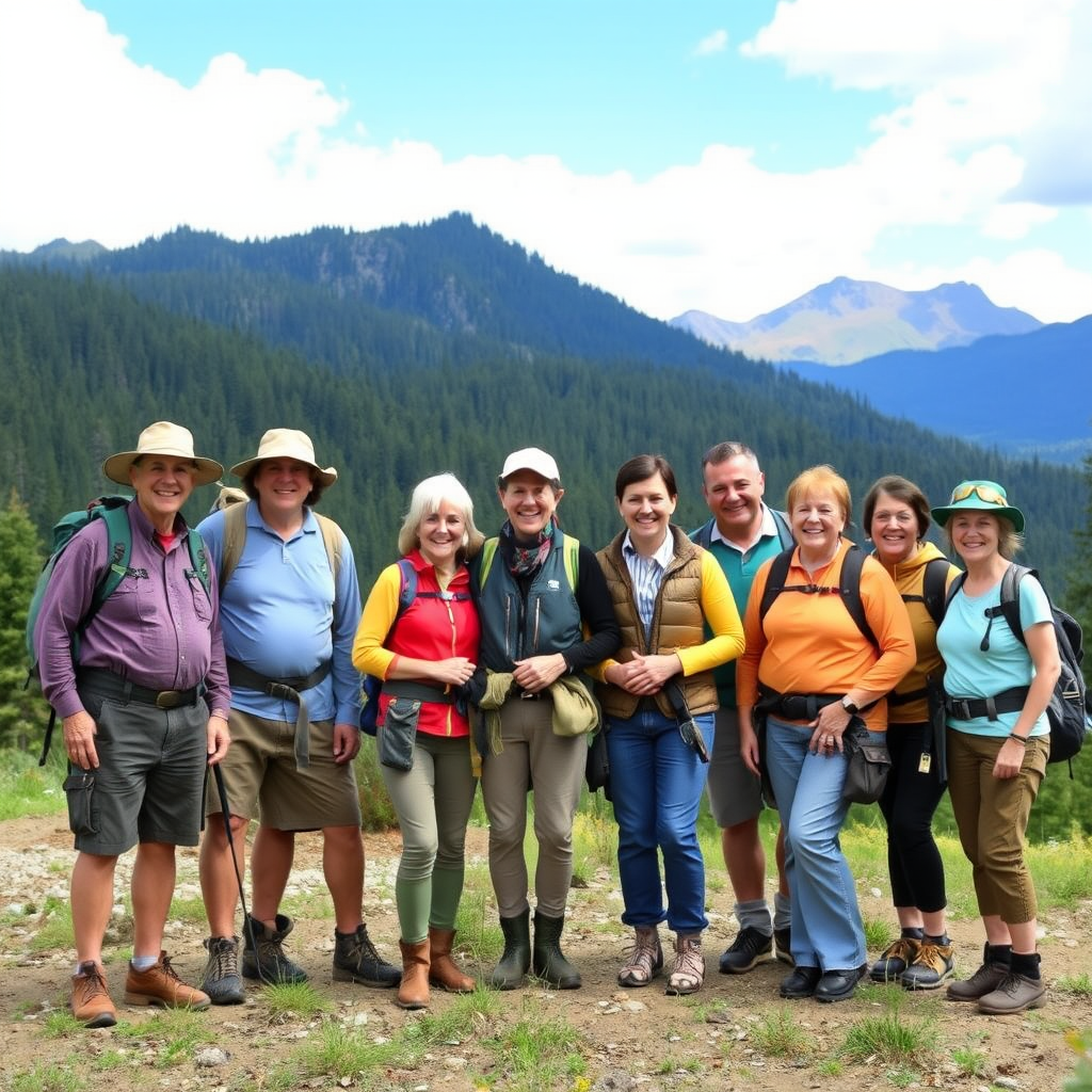 Happy multi-generational family group standing together in a beautiful natural setting with mountains and forest in the background, everyone wearing outdoor gear and smiling after completing a nature education program