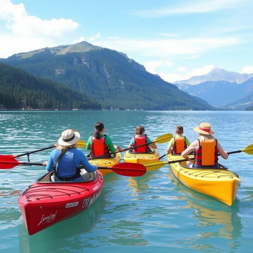 Multi-generational family group kayaking on a pristine lake surrounded by mountains, with professional guides coordinating safety equipment and providing instruction for children and adults
