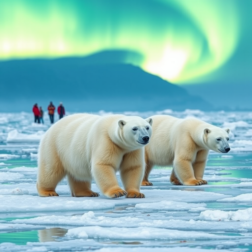 Polar bears walking on Arctic ice floes with aurora borealis in background and expedition group watching from safe distance