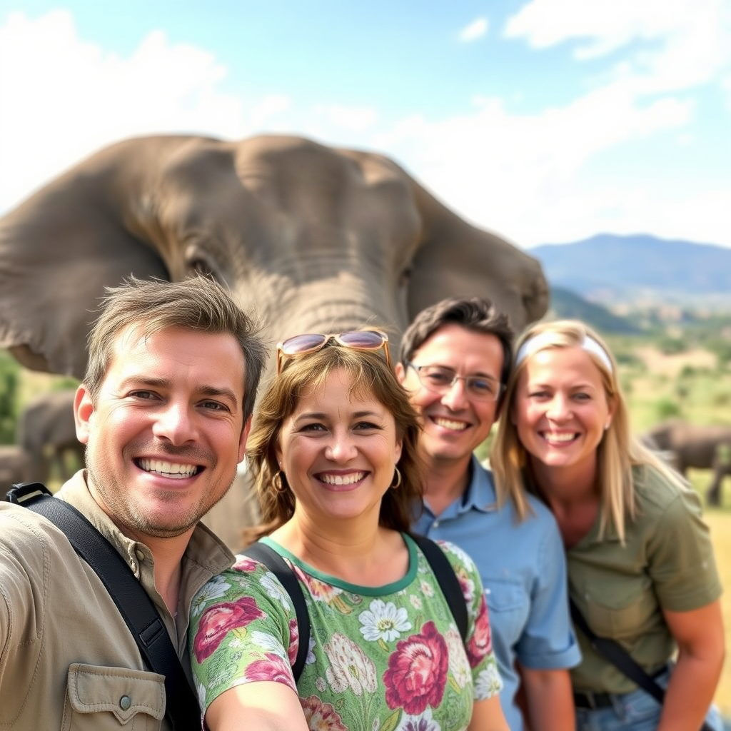 Portrait of happy family of four after completing African safari tour