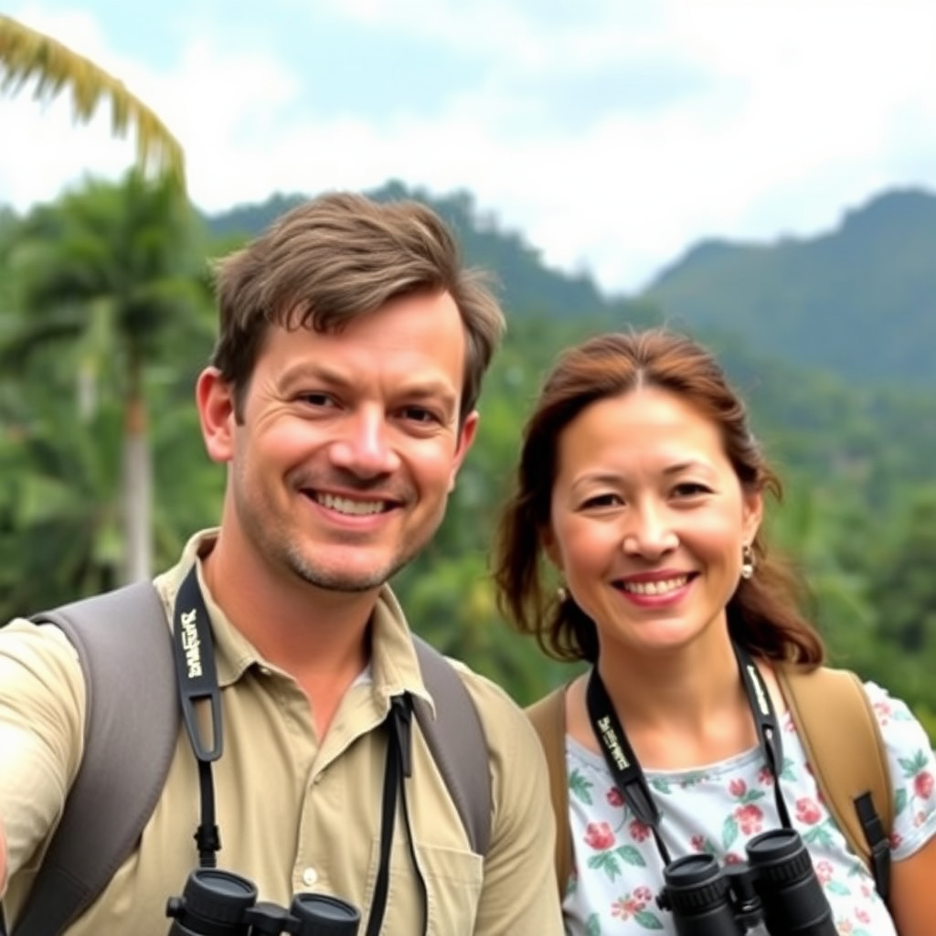 Smiling couple with binoculars around necks standing in front of rainforest backdrop