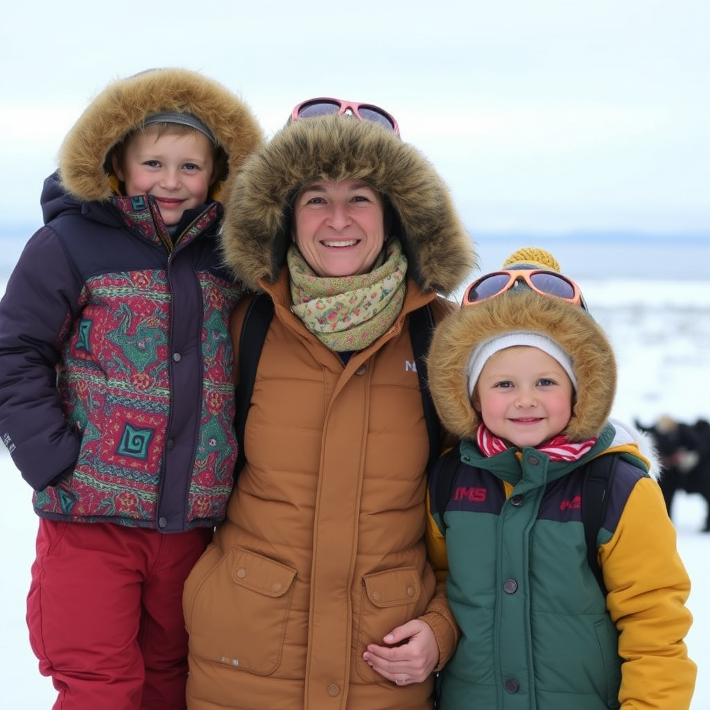 Grandmother with two grandchildren wearing winter gear after Arctic wildlife viewing experience